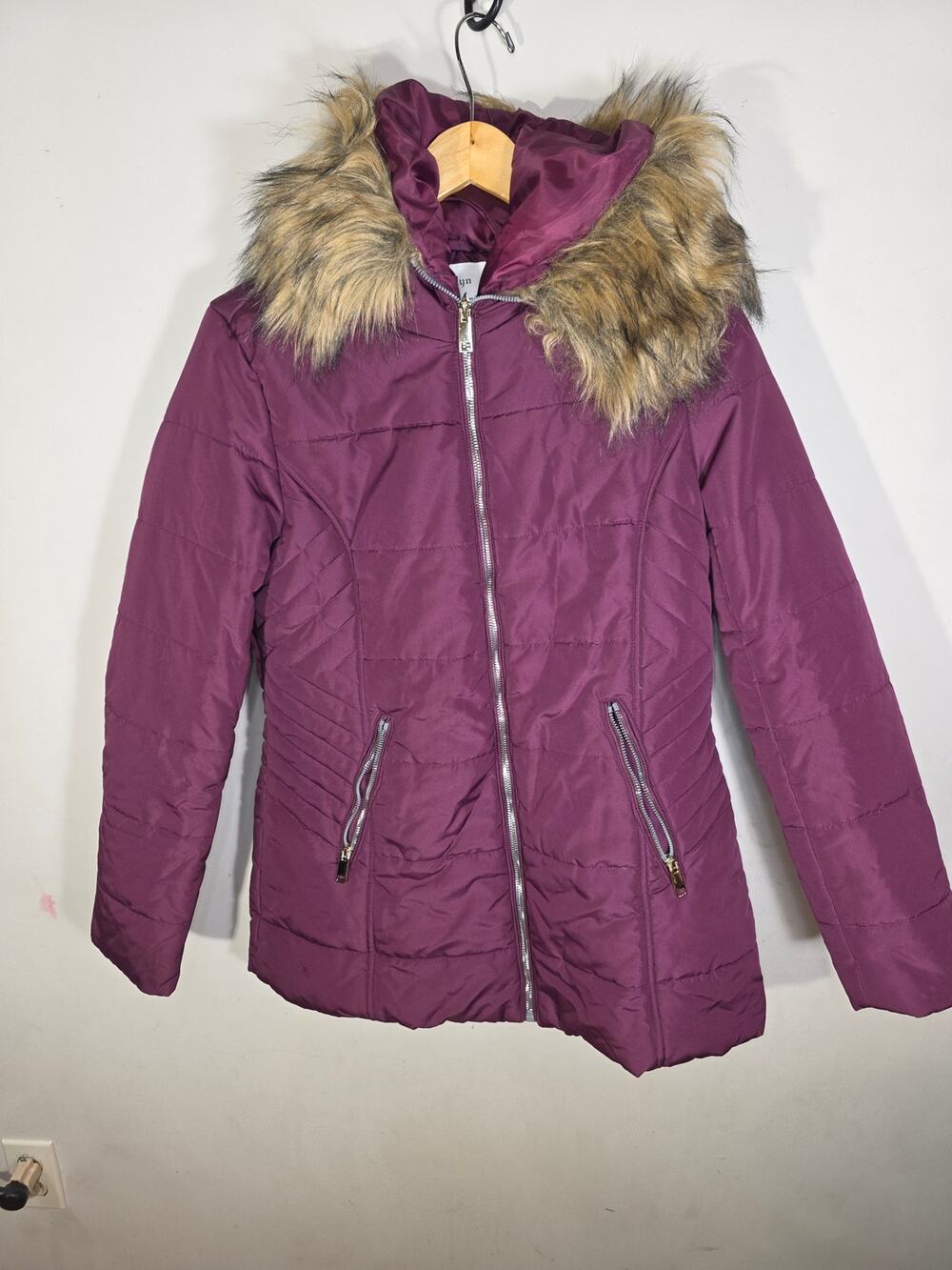 Maralyn & Me Juniors L Faux Fur Trim Hooded Puffer Coat Plum Purple